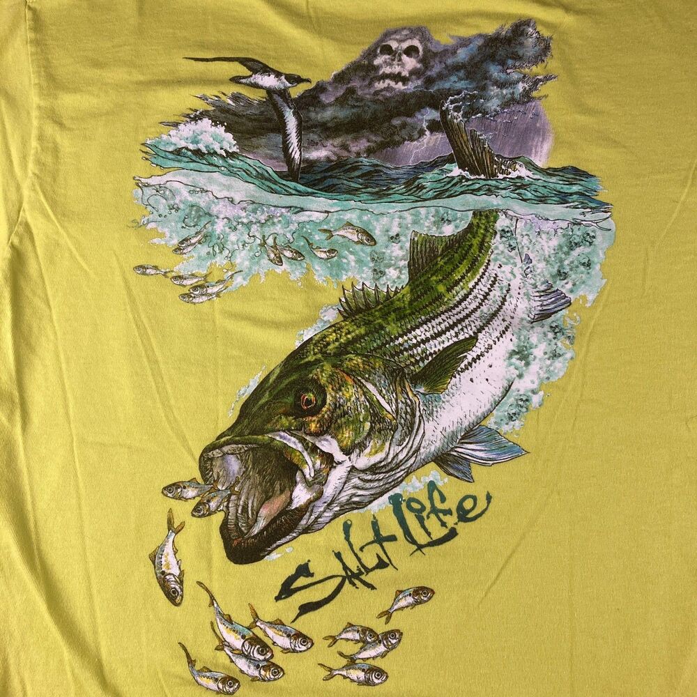 Salt Life Shirt Mens L Striped Bass Skull Storm Fishing Pocket Tee Yellow